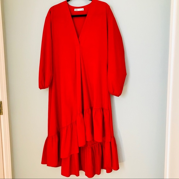 ZARA RED POPLIN MIDI DRESS. SIZE MEDIUM - Picture 3 of 9